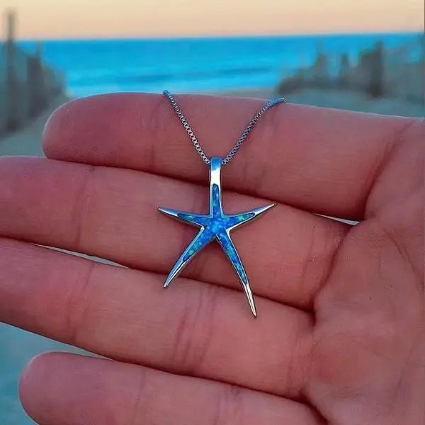 Silver Starfish Pendant with Blue Opal