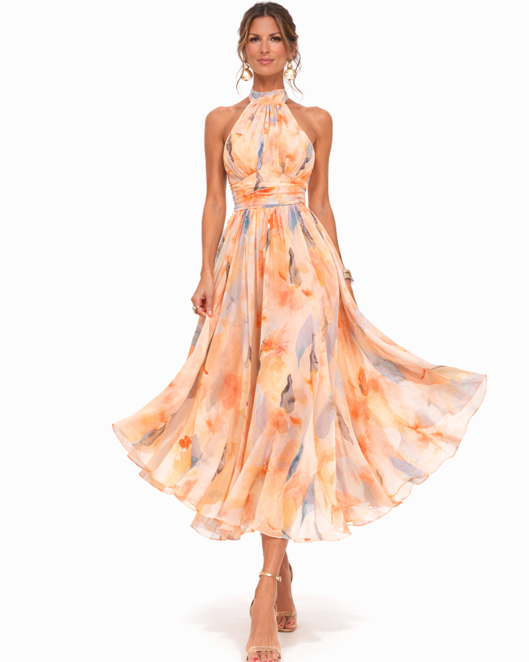 Aurora | Dress with American Neckline and Watercolor Print