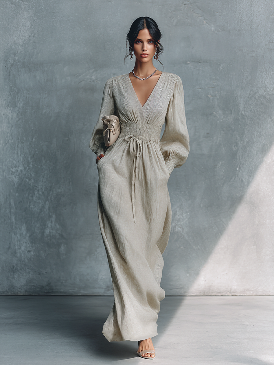 Women's Maxi Dress in Beige Made of Cotton and Linen with Stripes and V-Neck MDZ0361C4BA