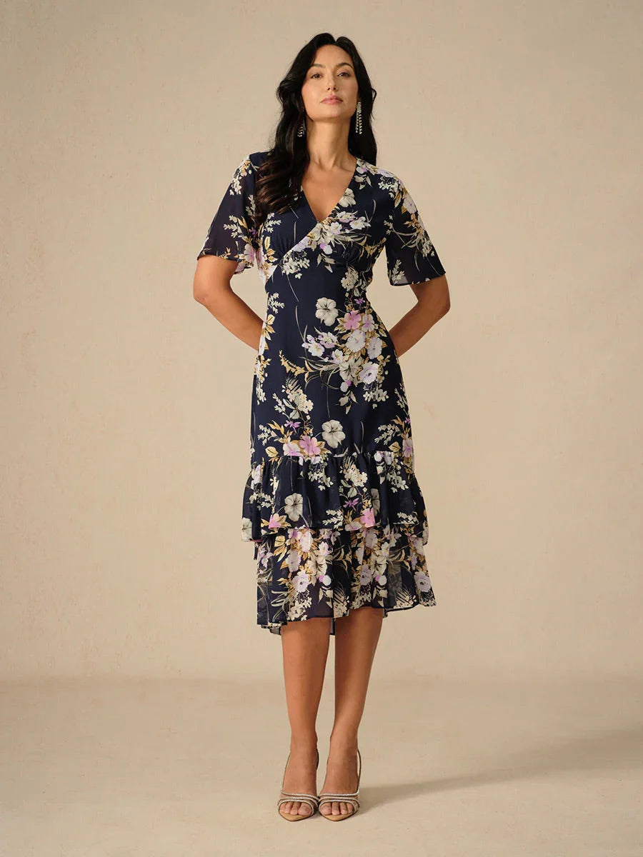 Floral Mid-Length Chiffon Dress with V-Neck and Zippers