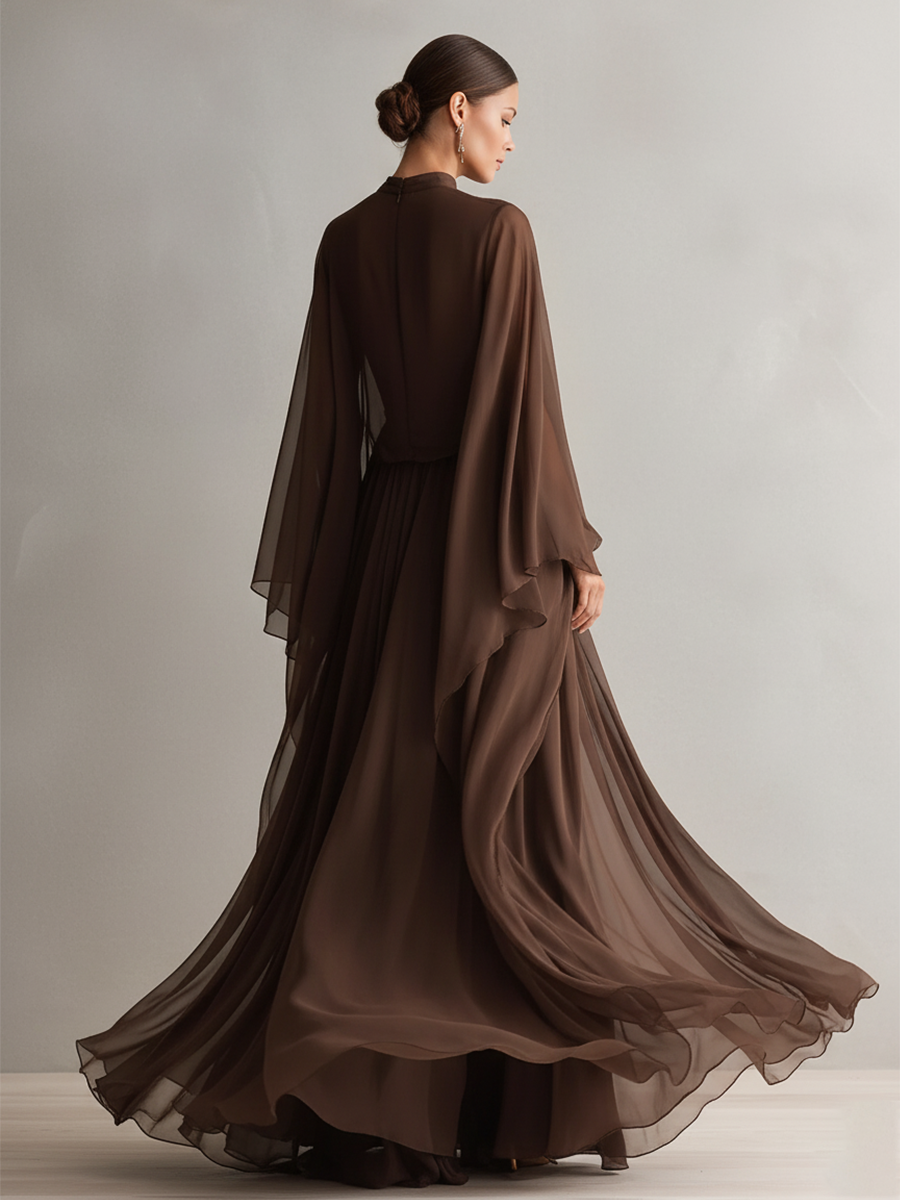 Rich Brown Chiffon Dresses for Women with a Flowing Maxi Silhouette and Scarf-like Design, Modern Elegant-Glitzy Style MDA1967L4I