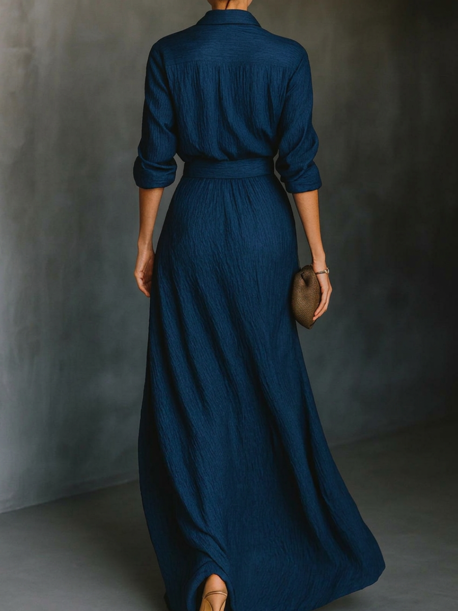 Set of long-sleeve shirt with collar and elegant pleated maxi skirt in a solid color