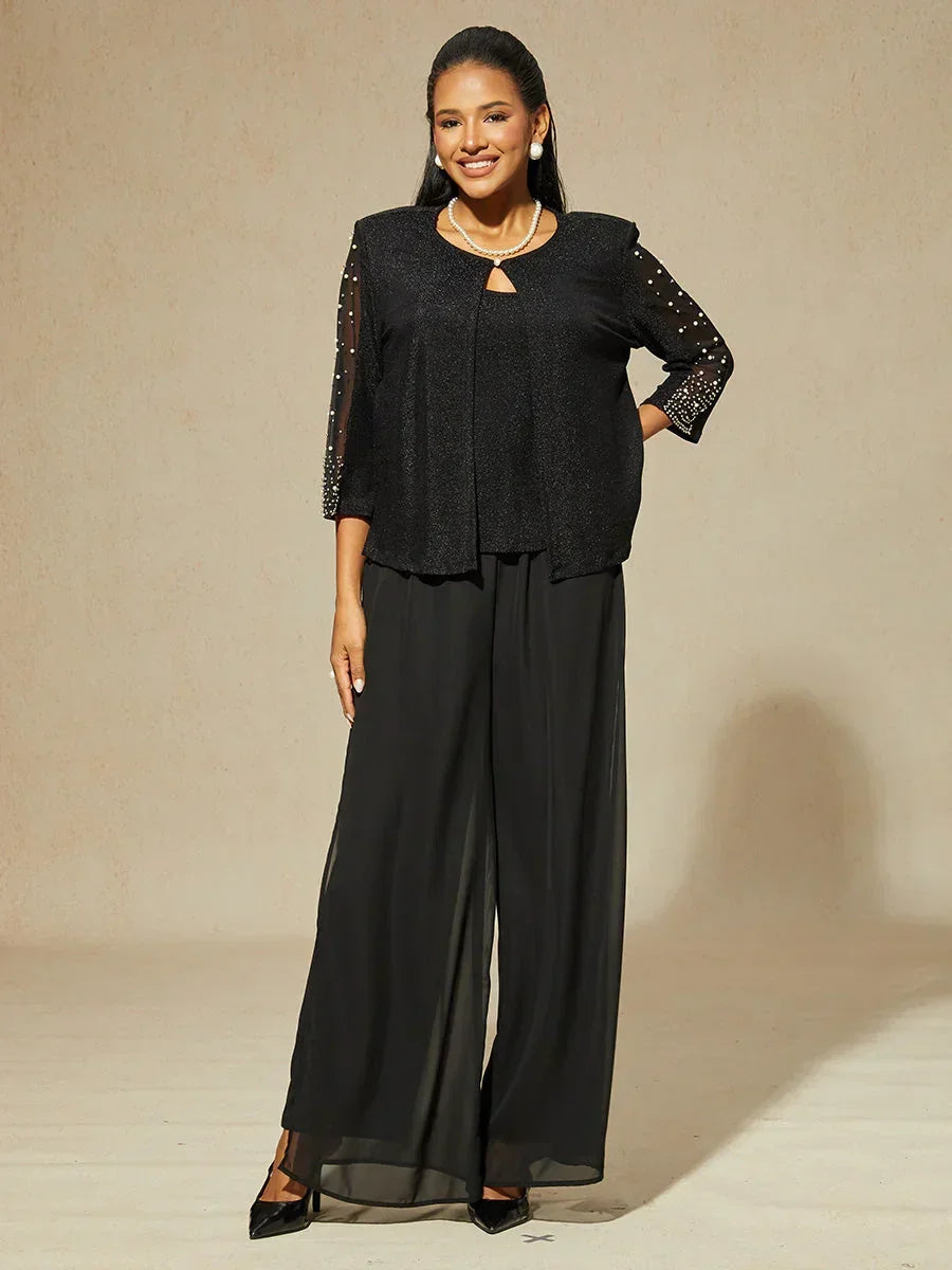 Metallic Textured Shirt with 3/4 Sleeves and Pearls