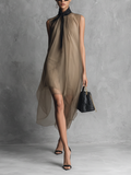 Women's Sleeveless Chiffon Dress in Khaki and Brown with Color Combinations MDZ1535A7BA