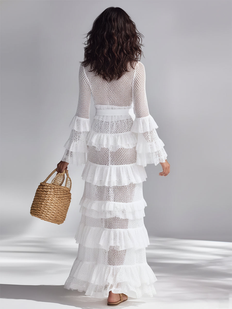 Knitted Cardigan in Crispy White for Women with Deep V Neck and Layered Ruffles, Timeless Bohemian-Glam Style MDA2372L3I