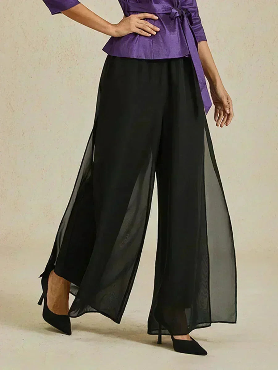 Straight Pants with Flowing Split Chiffon Layer