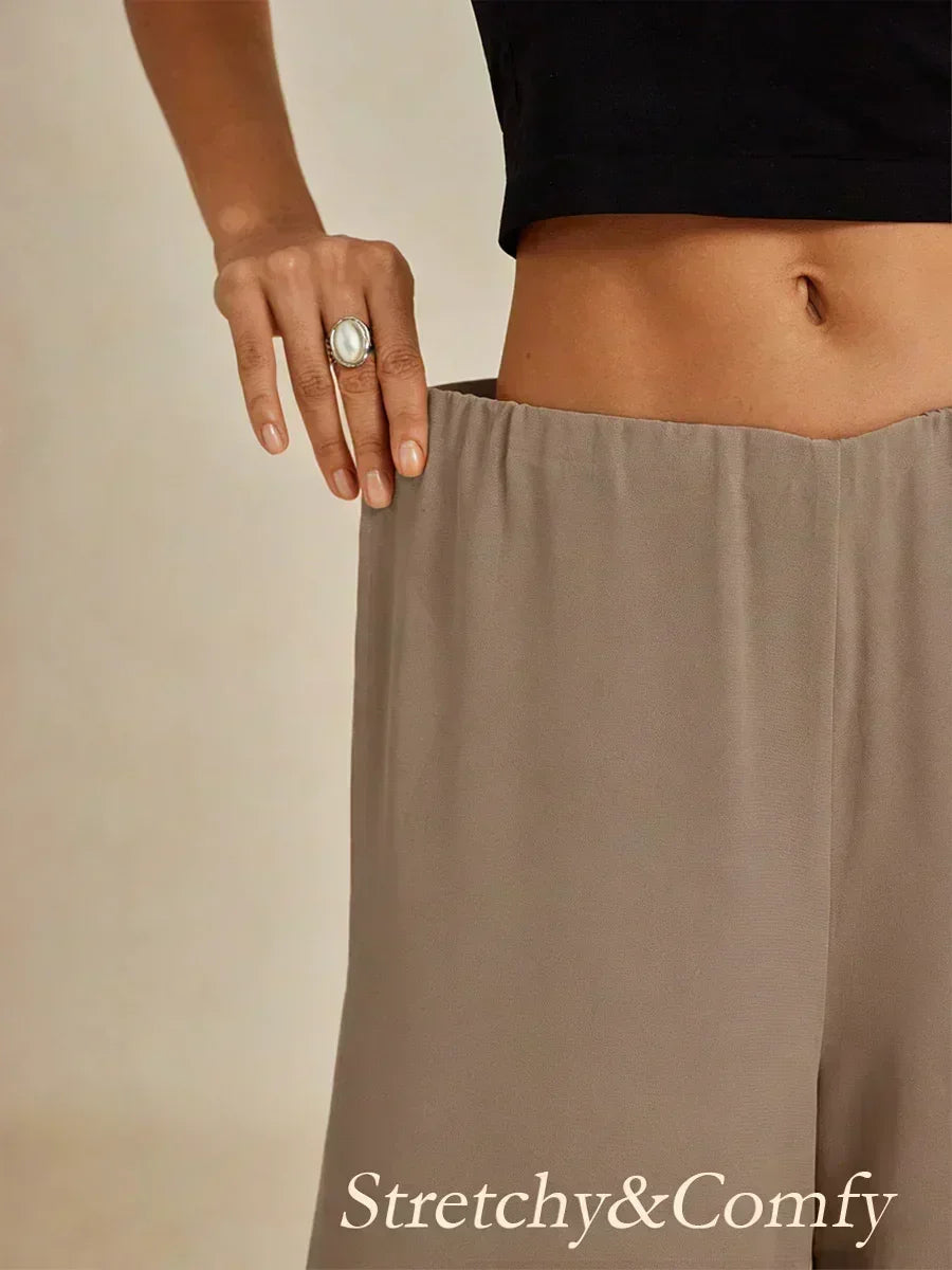 Straight Leg Pants with Chiffon Layer and Cut