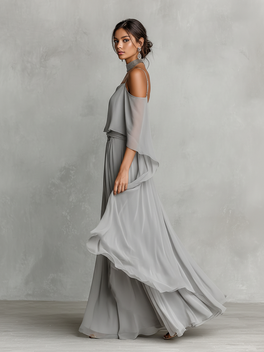 Gray chiffon set for women with cold shoulder details and an A-line silhouette, luxurious modern-feminine style MDZ2651B6I