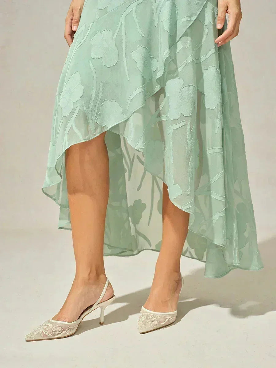 Sleeveless Evening Dresses Made of Floral Chiffon with Asymmetrical Hem