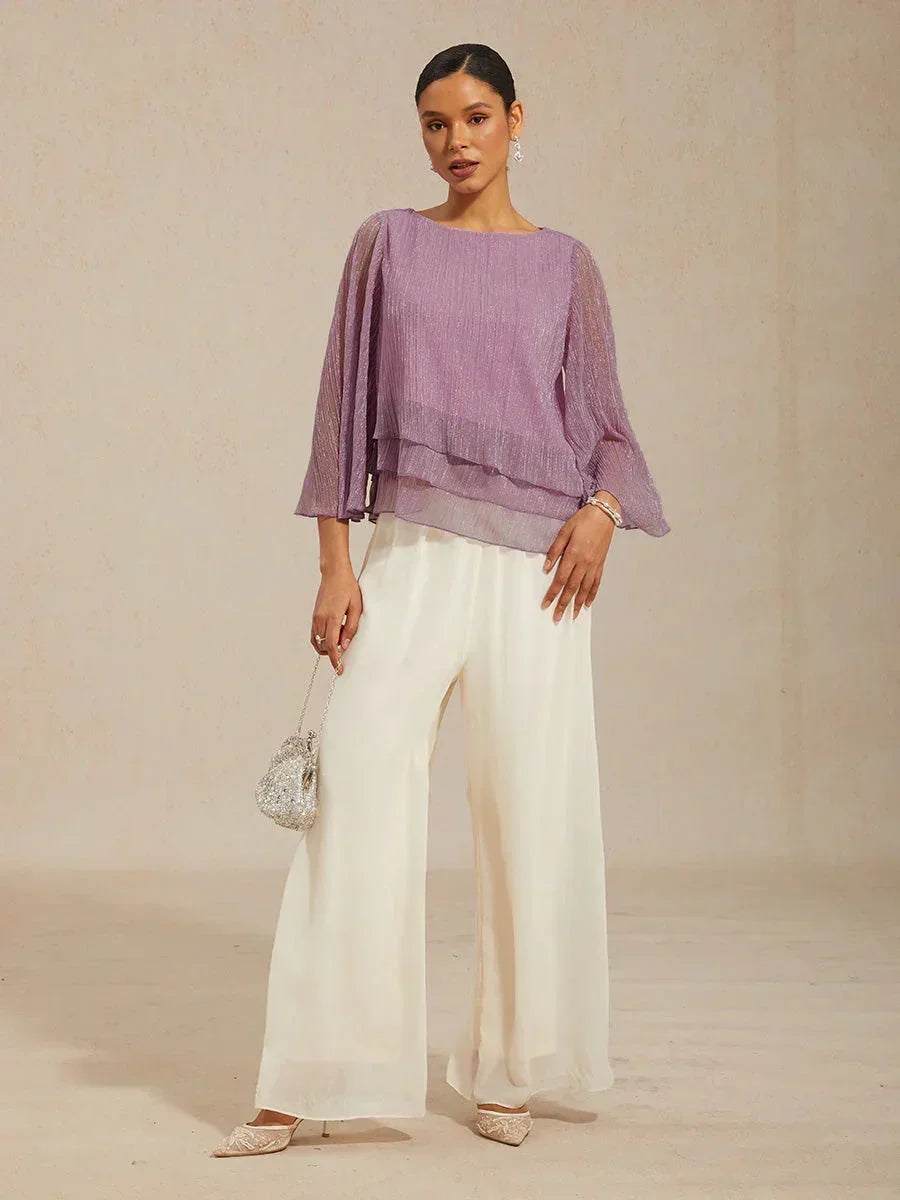 Asymmetrical Layered Shirt in Crinkled Metallic Chiffon