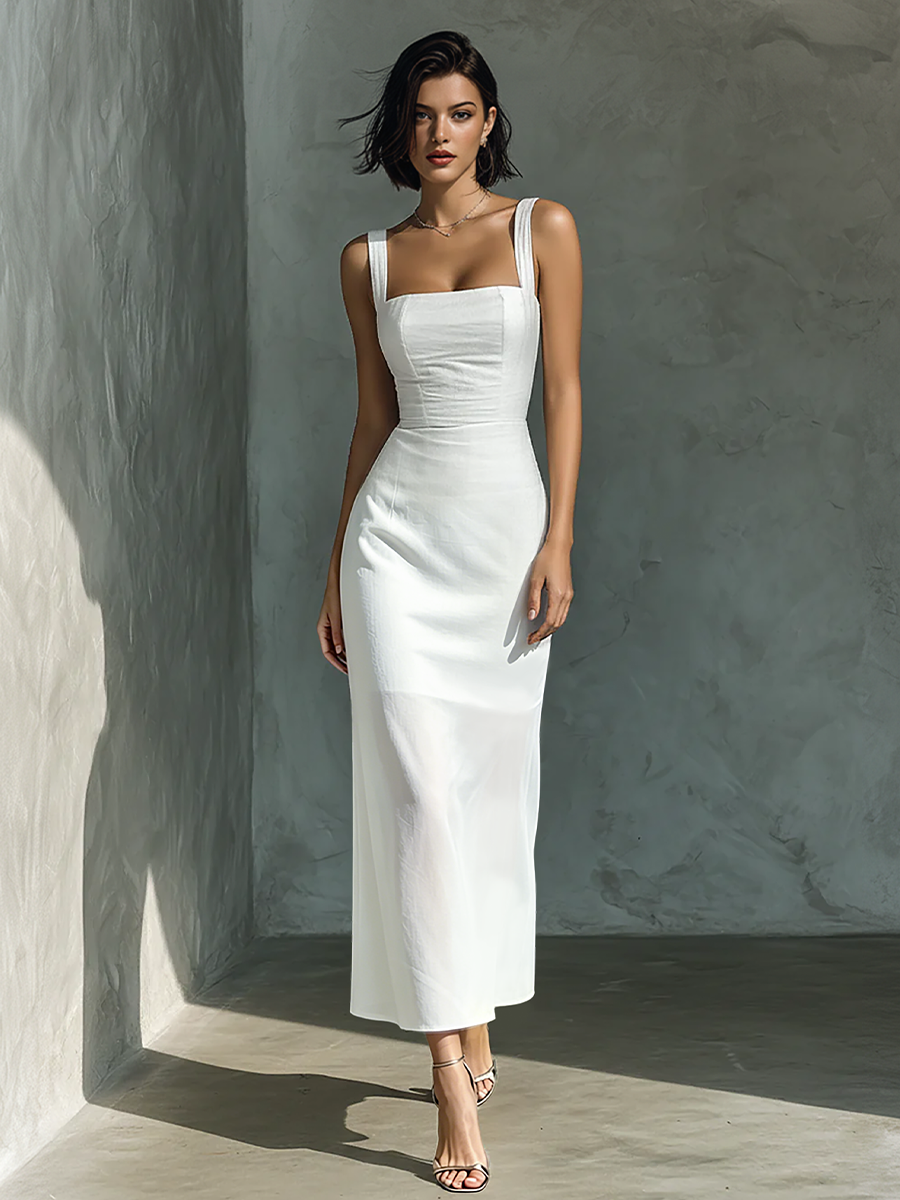 Women's Sleeveless Midi Dress in Simple White Cotton and Linen MDZ1204A3BA