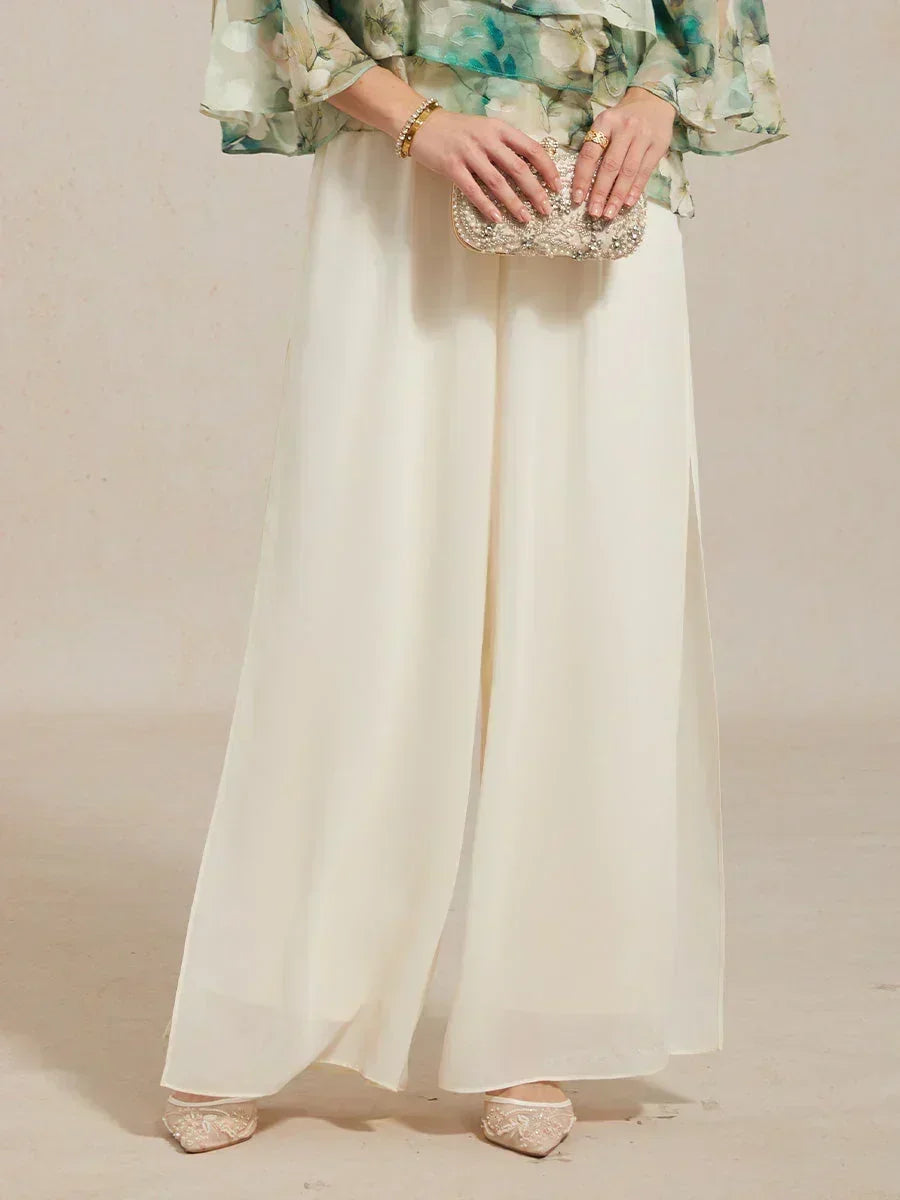 Straight Pants with Flowing Split Chiffon Layer