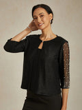 Metallic Textured Shirt with 3/4 Sleeves and Pearls