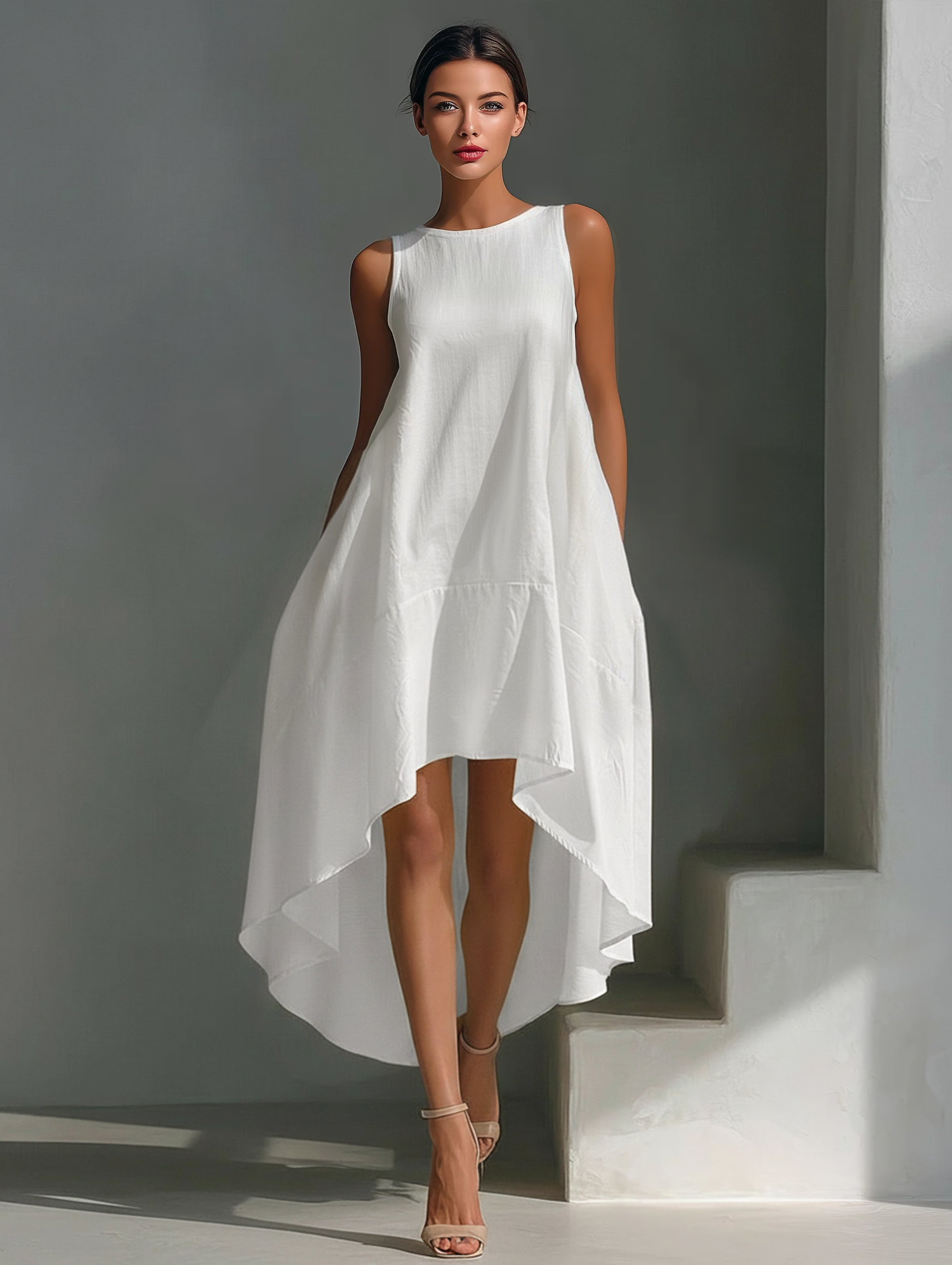 White Linen Sleeveless Midi Dresses for Women with Round Neck and Asymmetrical Skirt MDZ0987B9T