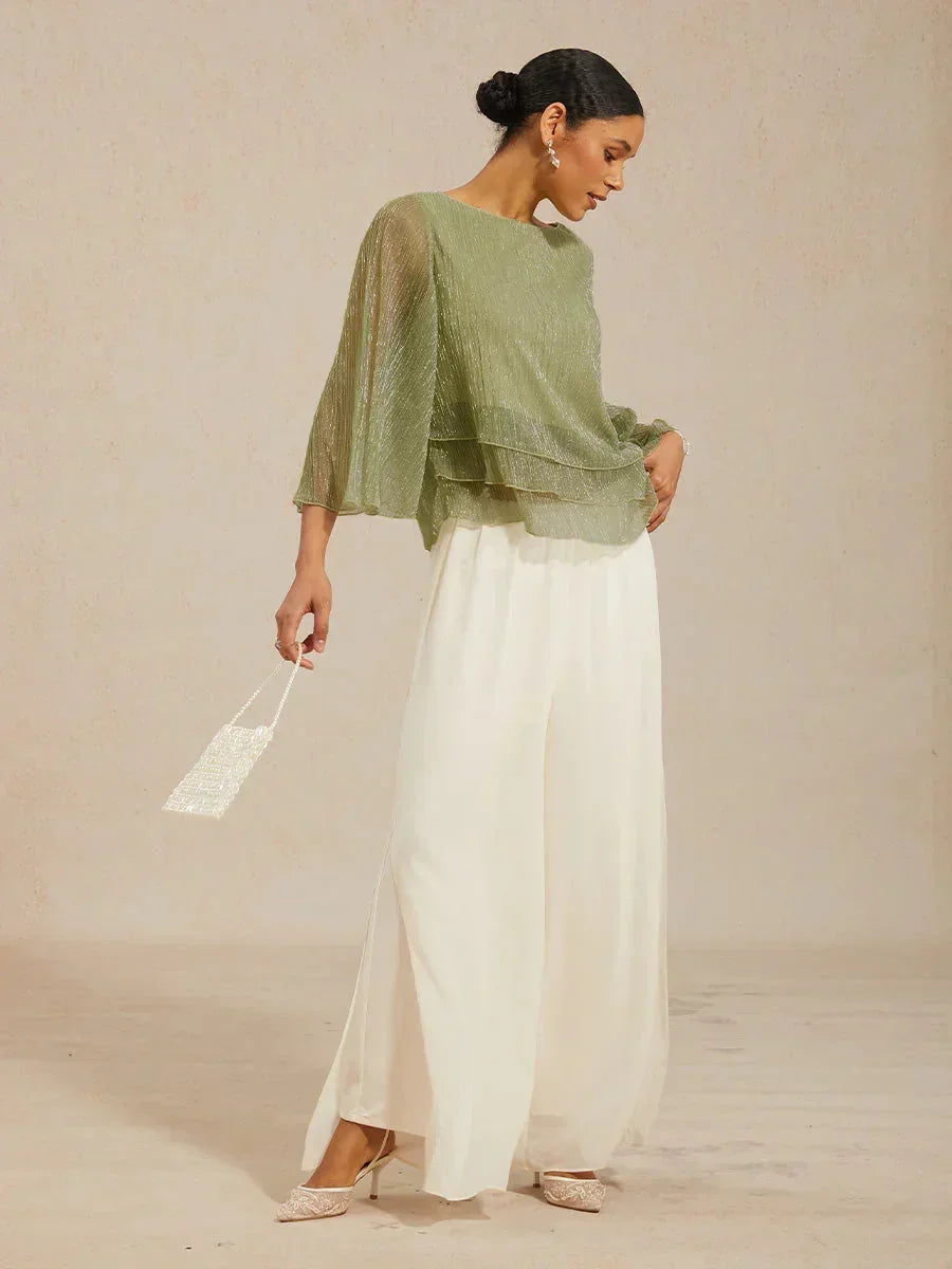 Asymmetrical Layered Shirt in Crinkled Metallic Chiffon