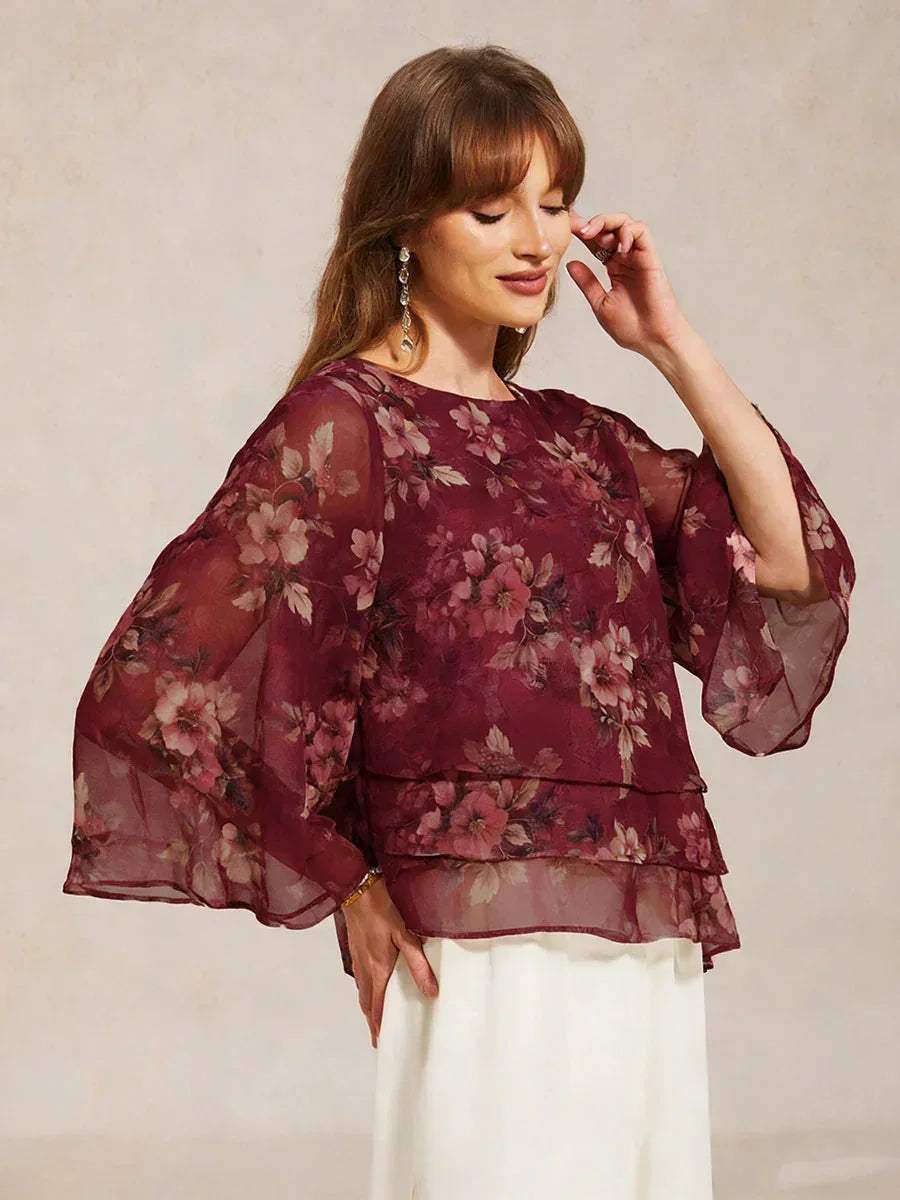 Layered Chiffon Lace Top with Floral Print