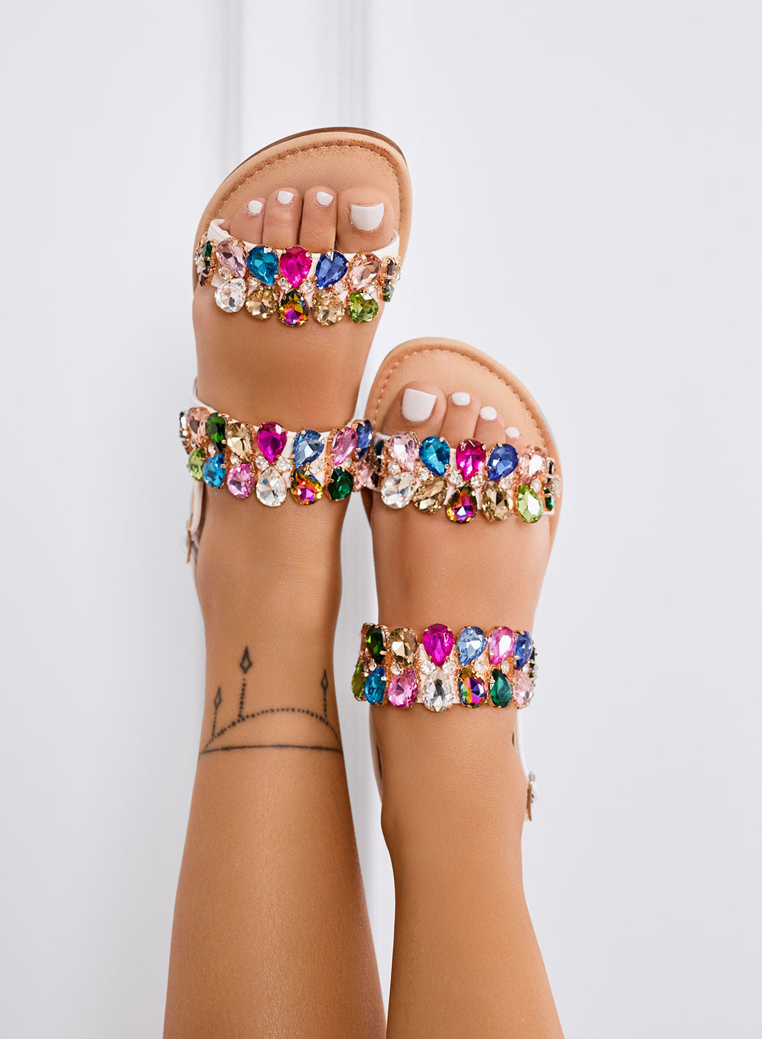 Jasmine - Low White Sandals with Colorful Gemstones and Strap