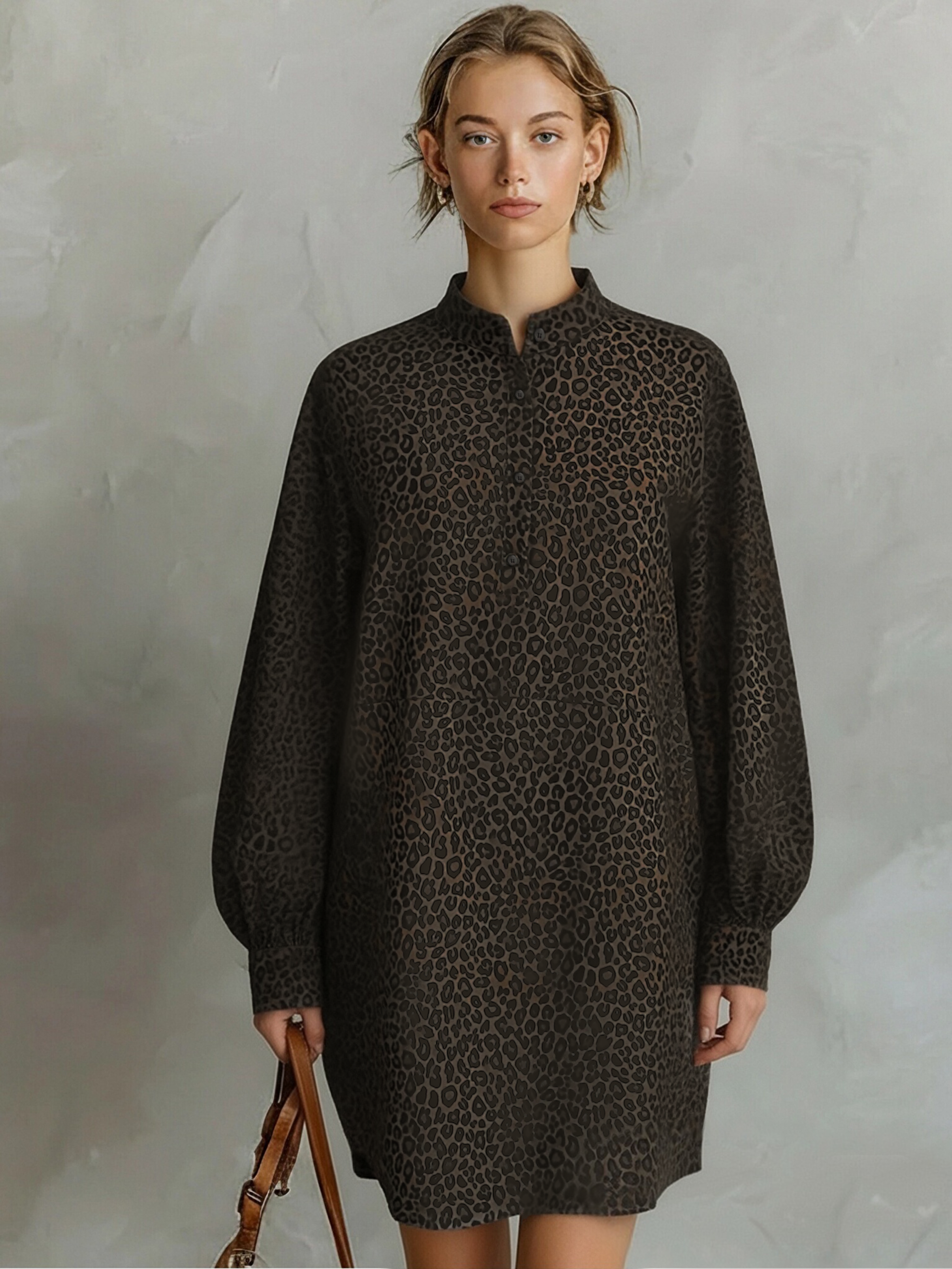 Fashionable Women's Dresses in Brown with Loose Tiger Print, Open Collar, and Long Sleeves MDA1895L2AN