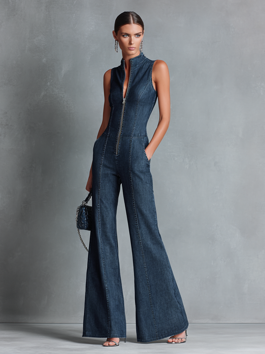 Dark denim dresses with a high collar, sleeveless, with a front zipper MDZ1239B2BA