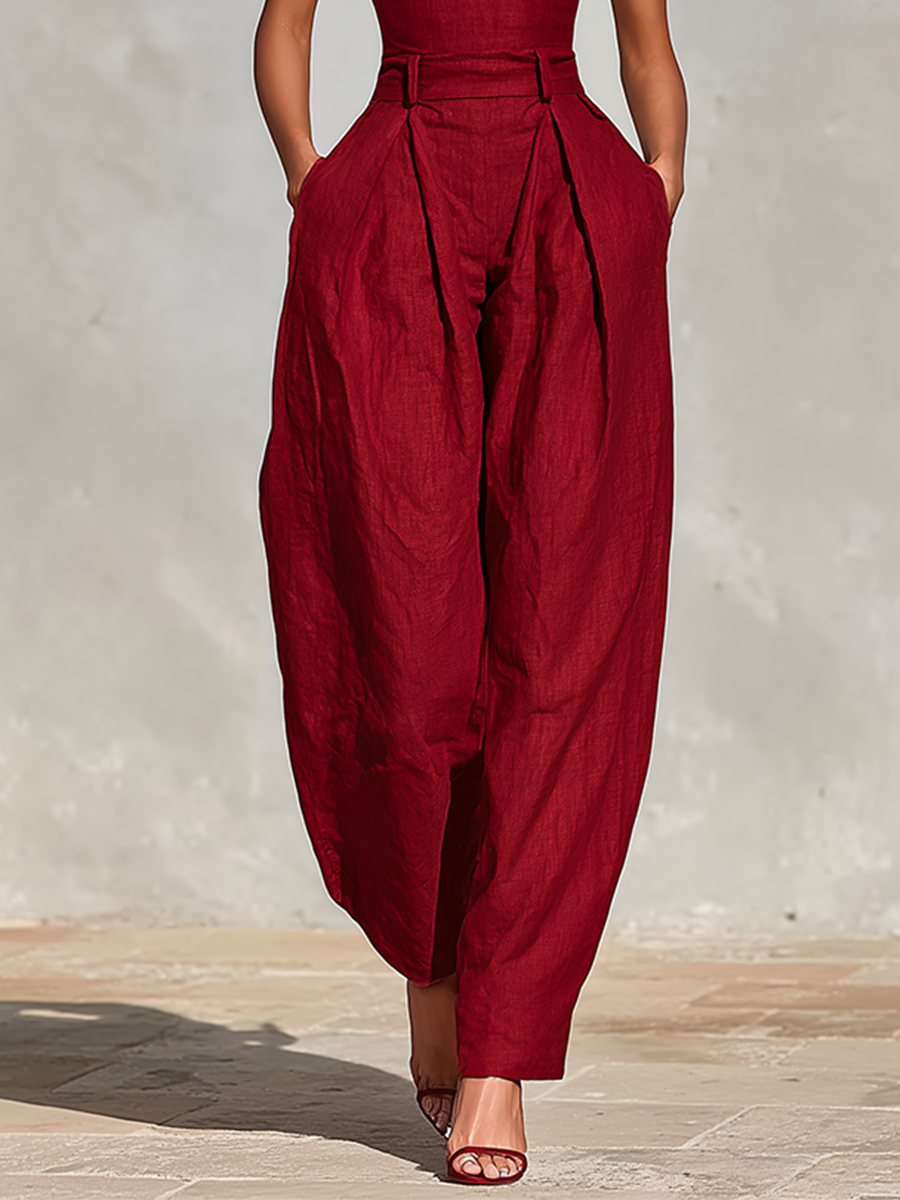 Red Linen Jumpsuit for Women with Spaghetti Straps and High-Waisted Shorts, Timeless Romantic-Elegant Style MDZ1915C8I