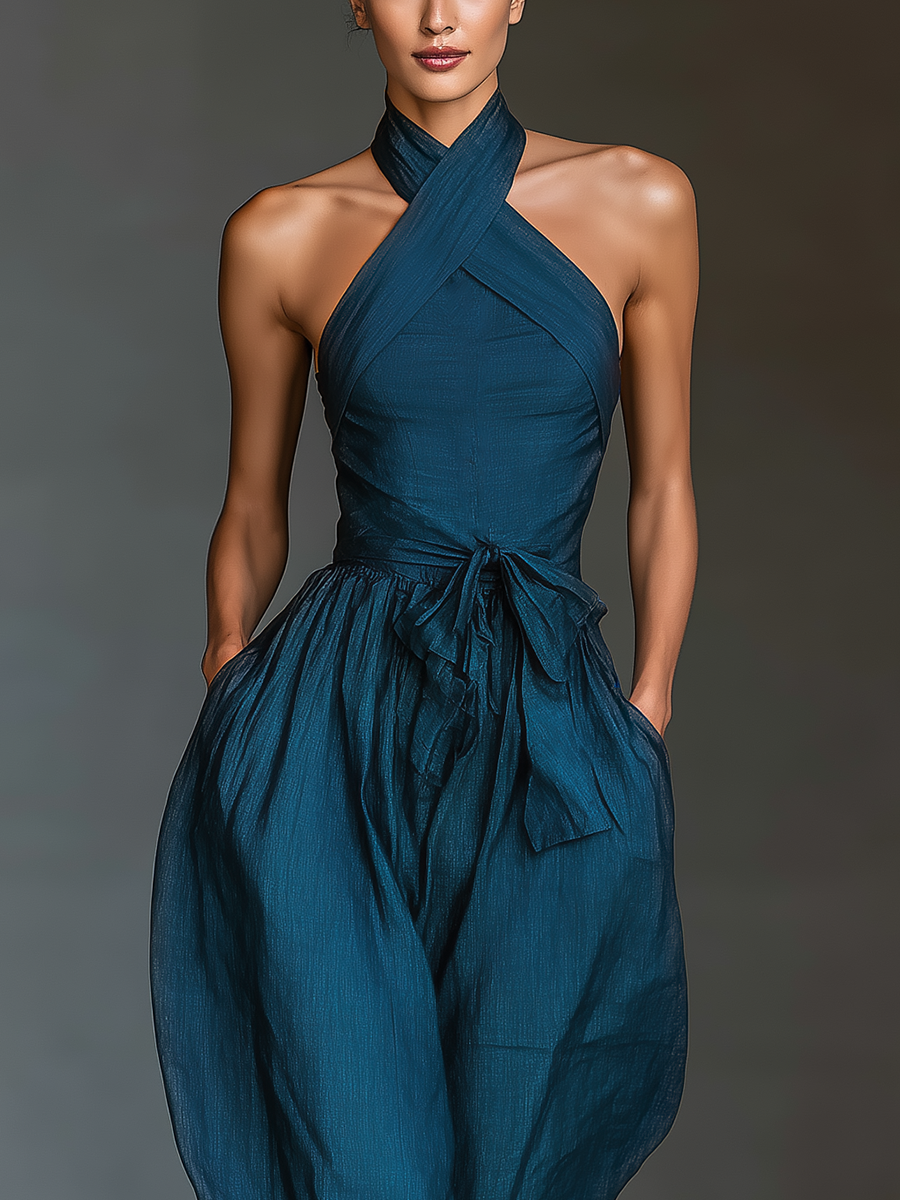 Women's Summer Dress in Dark Blue Linen Fabric with Cross Collar, Adjustable Waist, and Wide Pants MDZ0455B5T