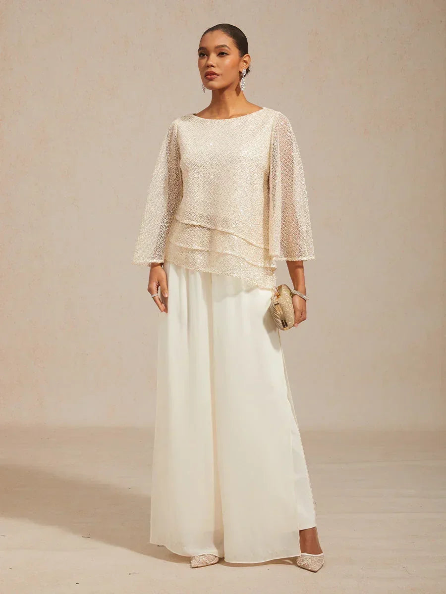 Layered mesh top with sequins and bell-shaped sleeves