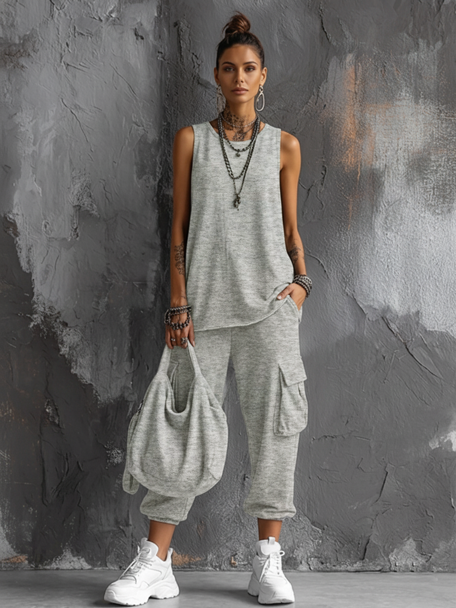 Dark Gray Sleeveless Top Set Made of Mixed Cotton + Jogger Pants with Pockets MDZ2365D7GMJ
