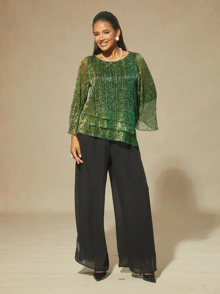 Asymmetrical Layered Shirt in Crinkled Metallic Chiffon