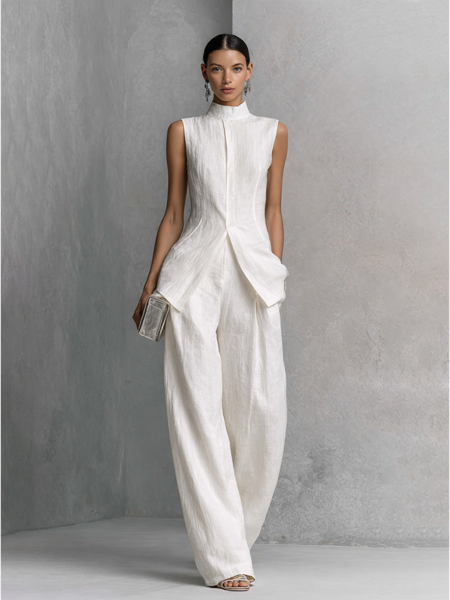 Elegant Sleeveless Top Set in White Cotton and Linen with Wide Pants MDZ0221B1BA