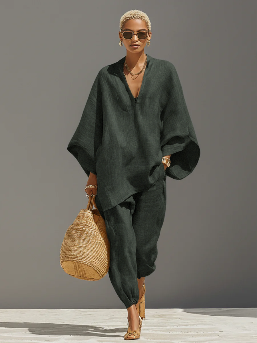 Neutral Linen Set for Women with Asymmetrical Edges and Minimalist Design, Sophisticated Everyday-Elegant Style MDZ0501B3I