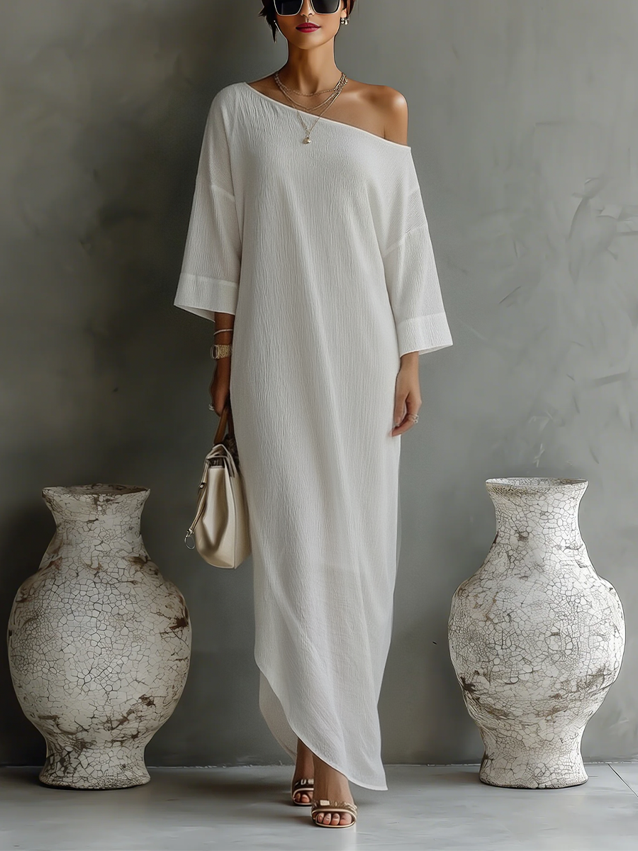Women's Evening Dresses in Cream Color with Cotton-Linen Blend, One Shoulder, Flowing and Elegant MDA3032K4T