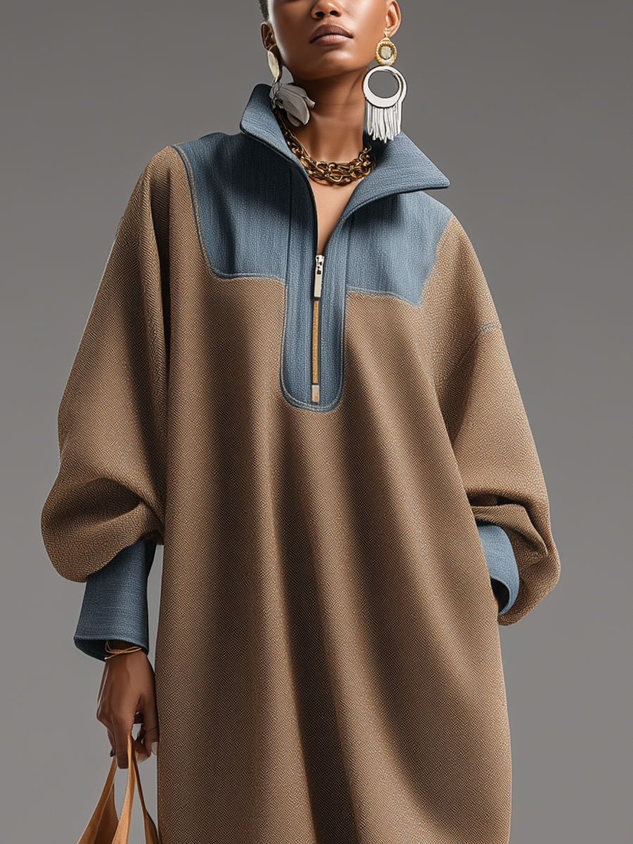 Long Dresses for Women in Brown with Reversible Finish and Denim Blue with Stand-Up Collar