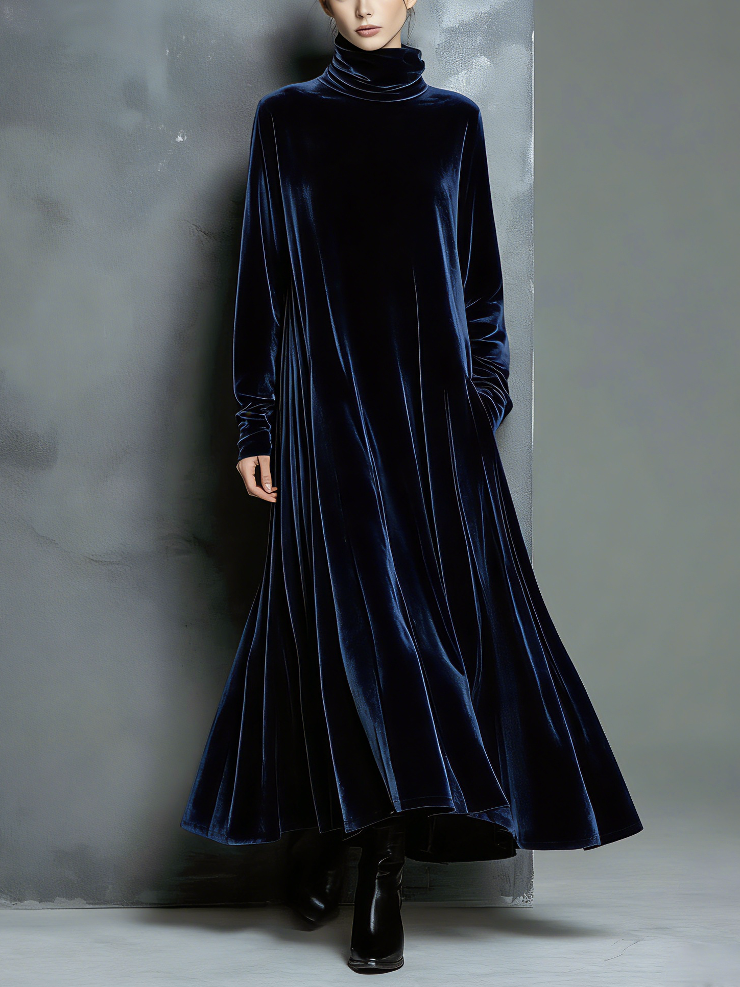 Long Maxi Dress for Women in Elegant Style in Navy Blue with High Wide Collar MDZ1680A8AN