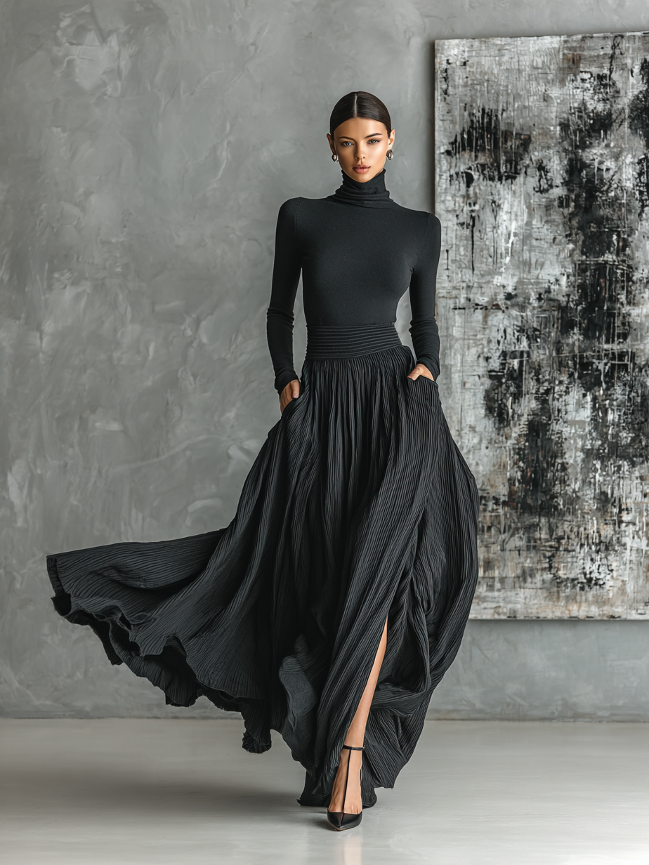 High Neck T-Shirt and Pleated Dress Set for Women in Solid Black MDA1366H1Y