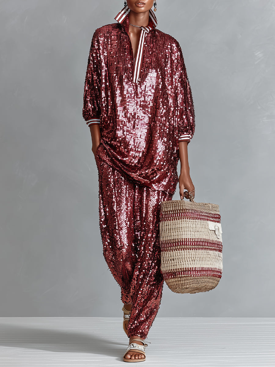 Shiny Burgundy Women's Loungewear Set with Sequins and Straps - Wide Cut MDA3059I3I