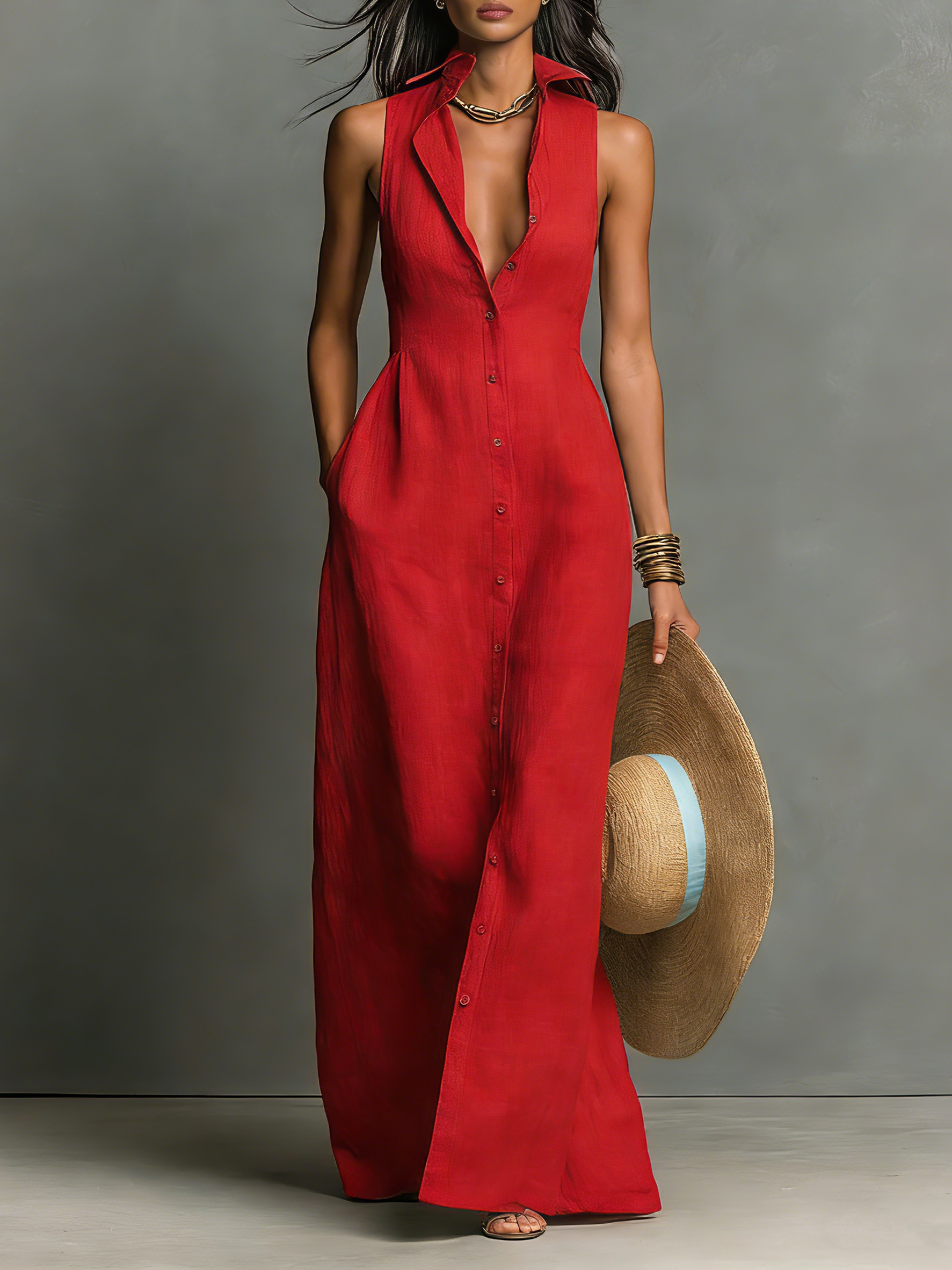 Sleeveless Maxi Dresses with Minimalist Collar for Women MDZ1011C0Y