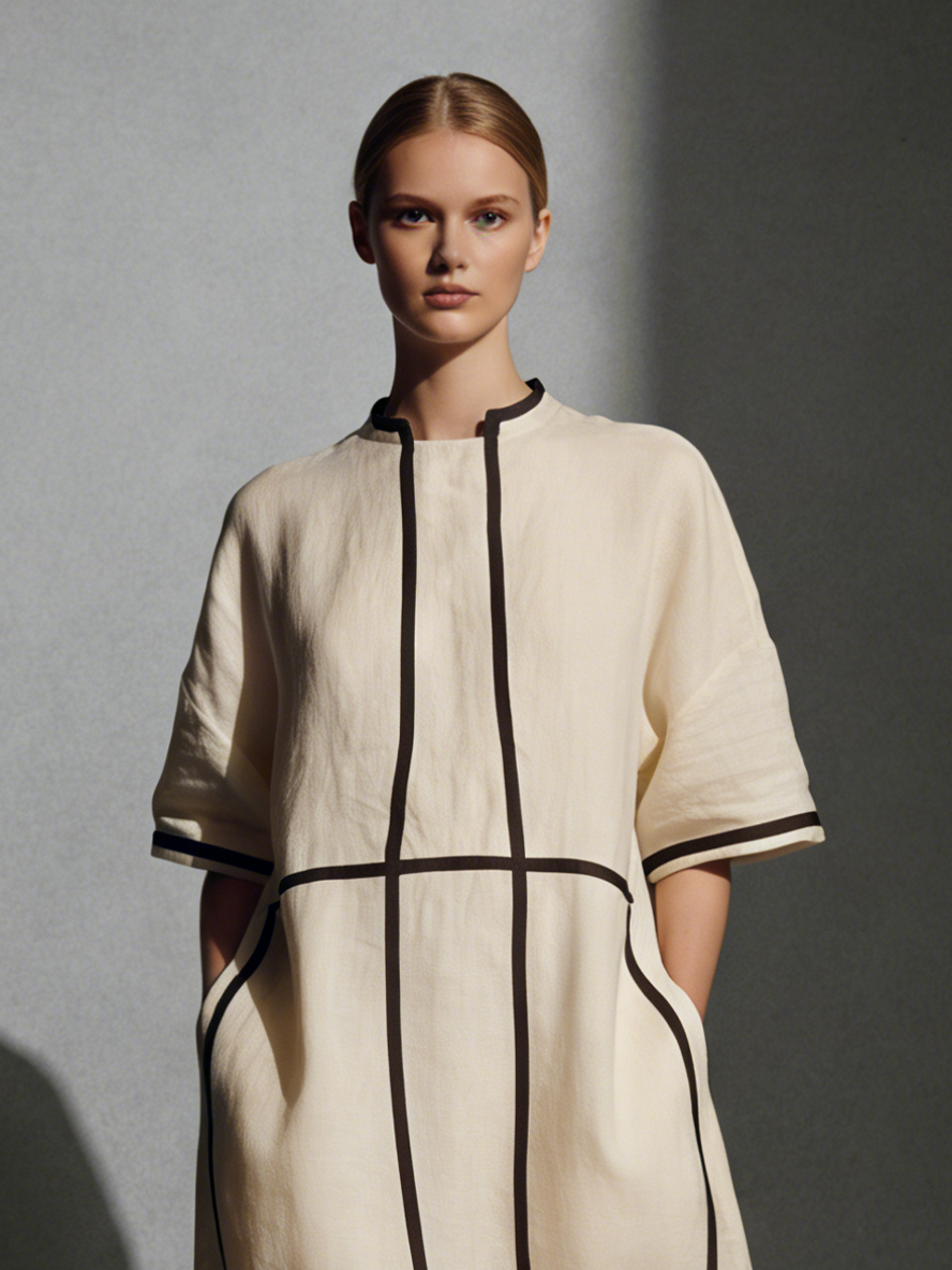 Maxi Dress with Stand Collar, Short Sleeves, Pockets, and Contrasting Stripes, Made of Modern Linen Blend for Women in Beige MDA2924L4AU