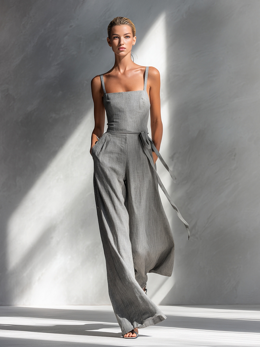 Minimalist Women's Grey Linen Jumpsuit with Spaghetti Straps, Square Neckline, Tie Belt, and Wide Legs MDA2666L5AU
