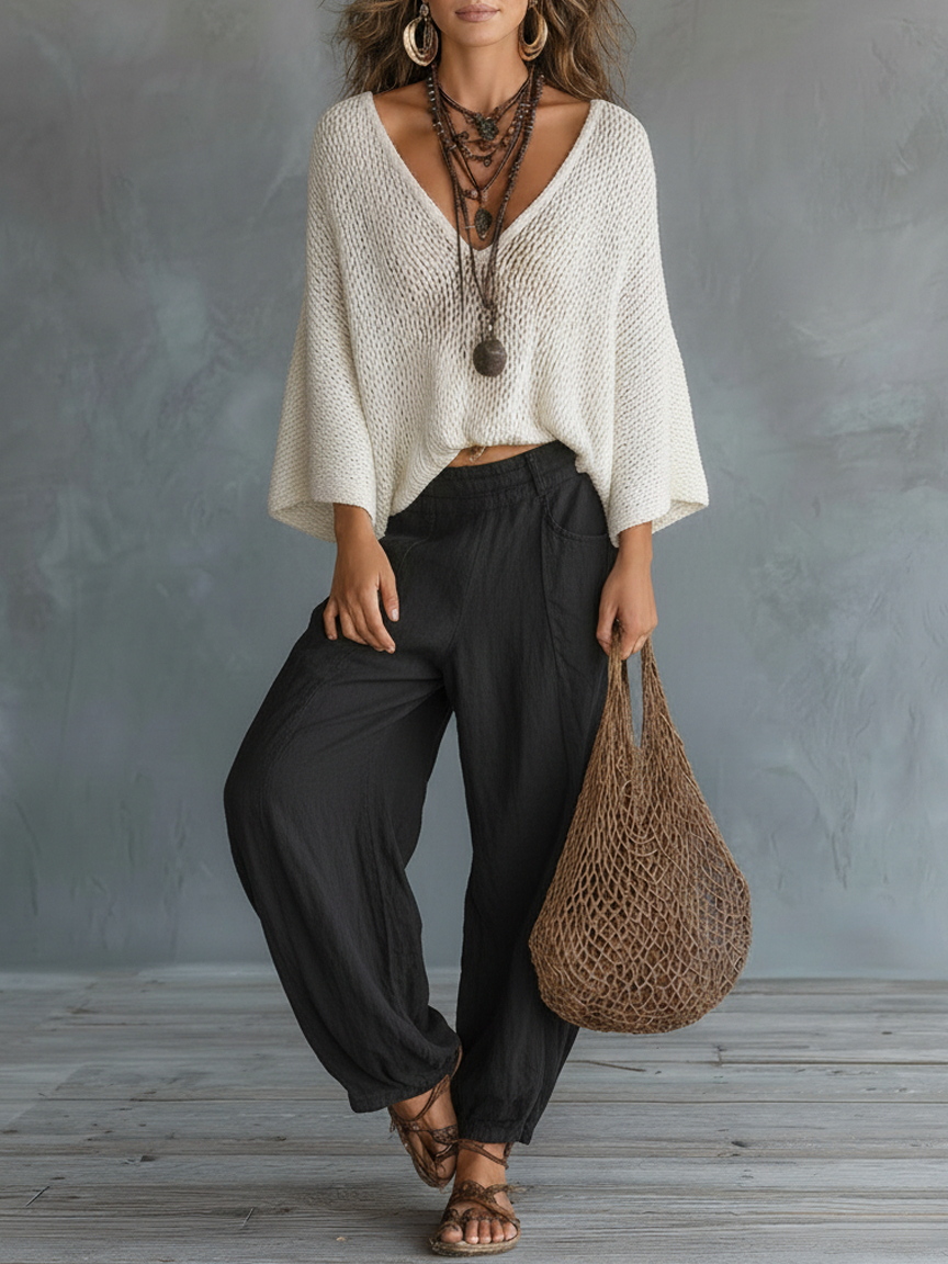 Lightweight Sweater Set with Cape Sleeves and MDZ2685A8Y Pants
