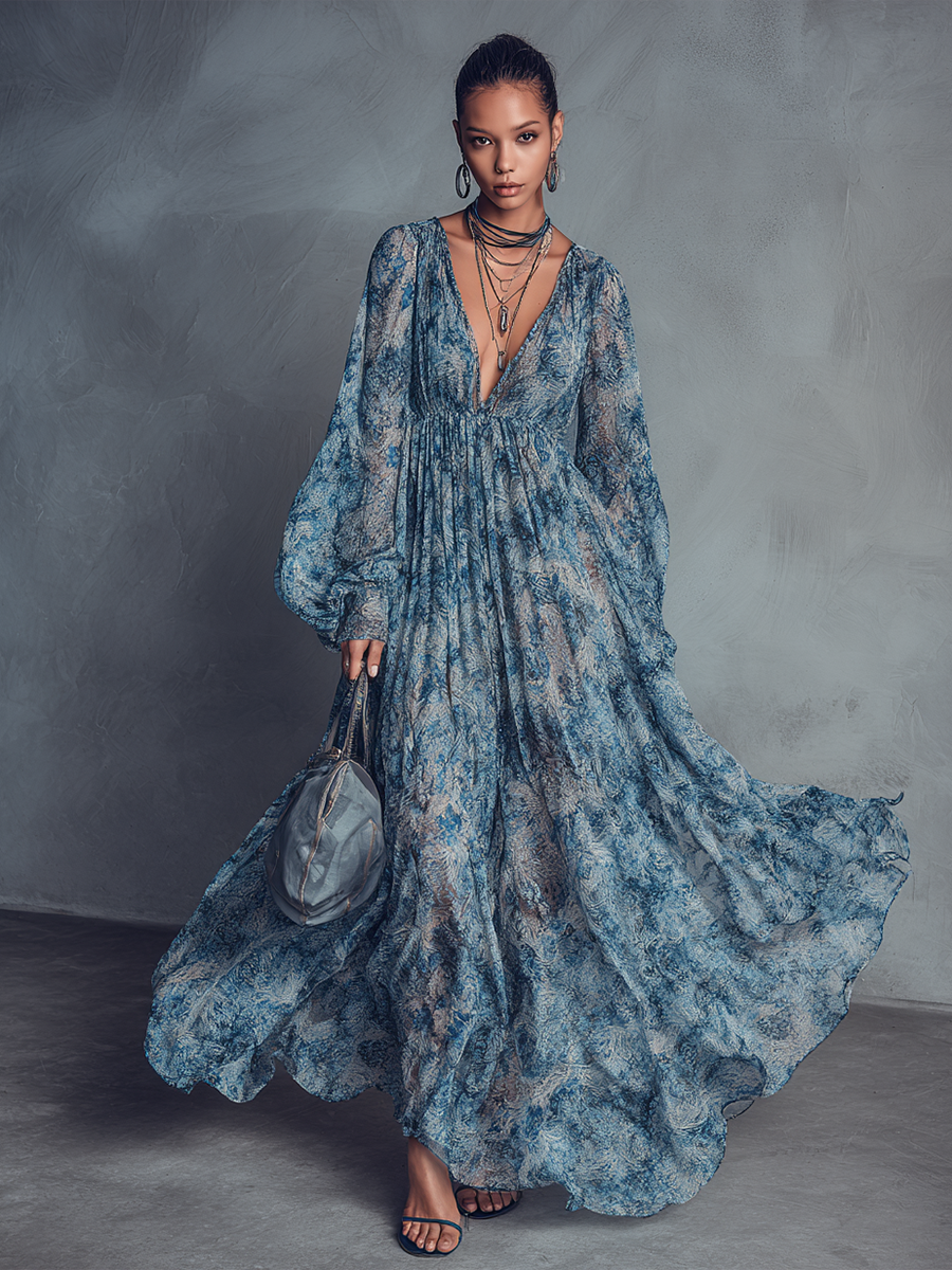 Blue Floral Print Bohemian Style Chiffon Maxi Dresses for Women with Lantern Sleeves MDZ1067B8BA