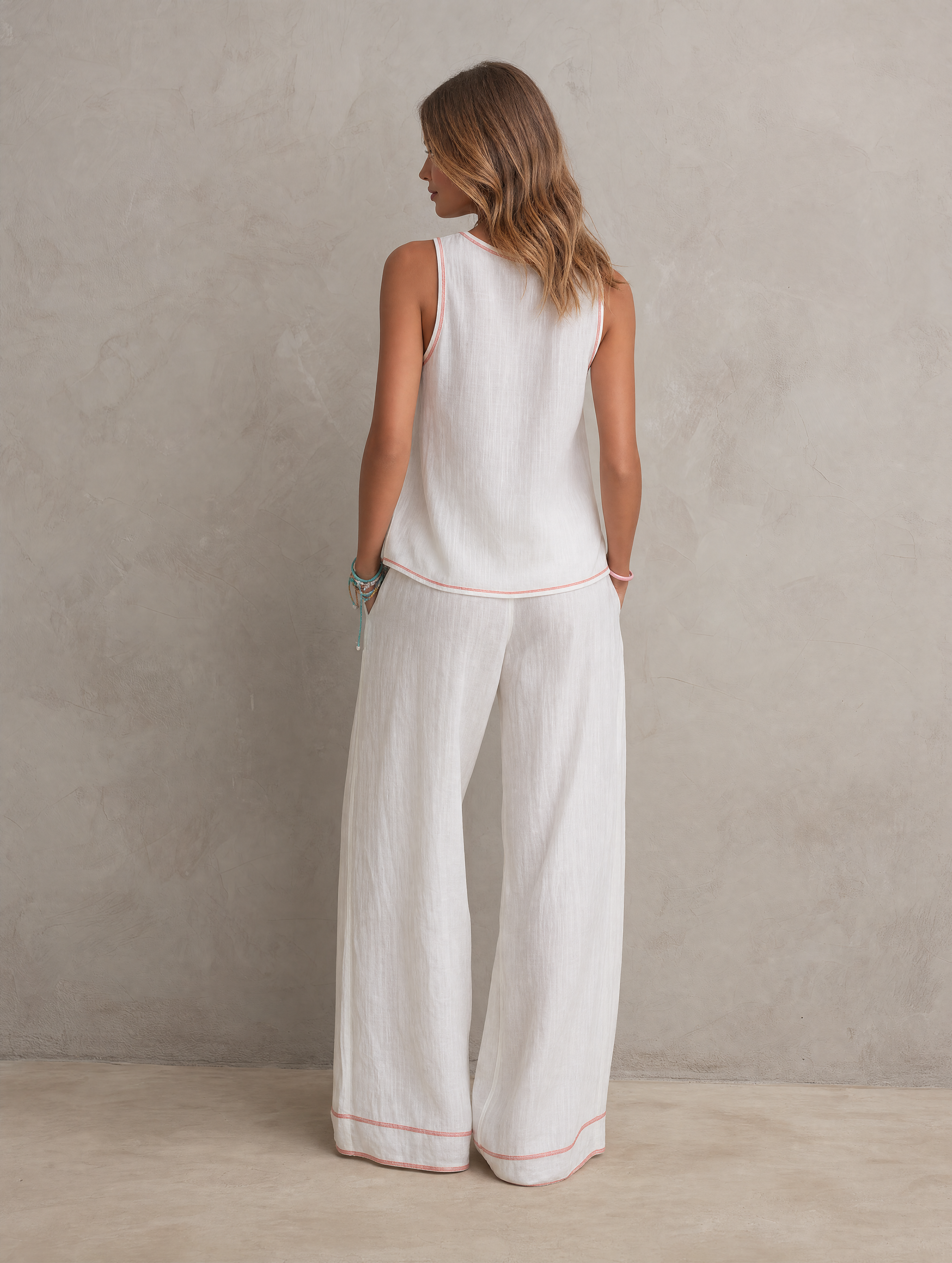 Summer Women's Sleeveless Top in White and Pink Made of Cotton-Linen Fabric, Paired with Pants MDZ2519F6LXY