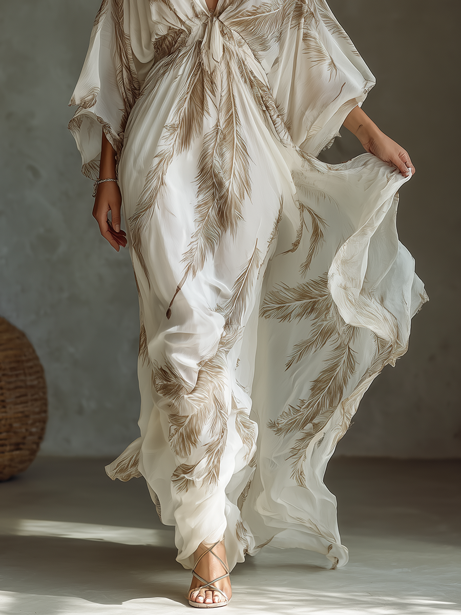 Women's Maxi Dress in Ivory and Taupe with Dolman Sleeves, Twisted Front, and Palm Leaf Print MDZ0332B6T
