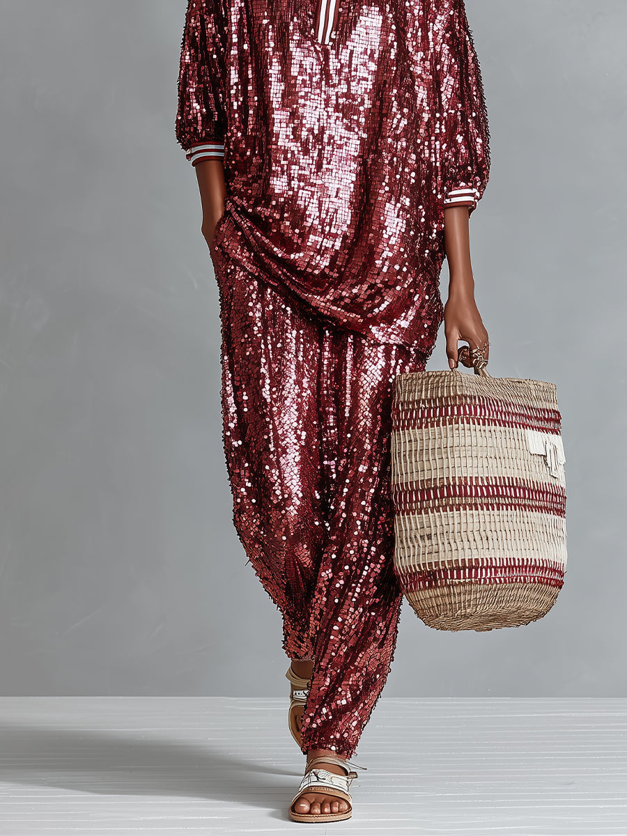 Shiny Burgundy Women's Loungewear Set with Sequins and Straps - Wide Cut MDA3059I3I