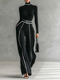 Two-Piece Set for Women with High Neck, Long Sleeves, Wide Pants, and Belt