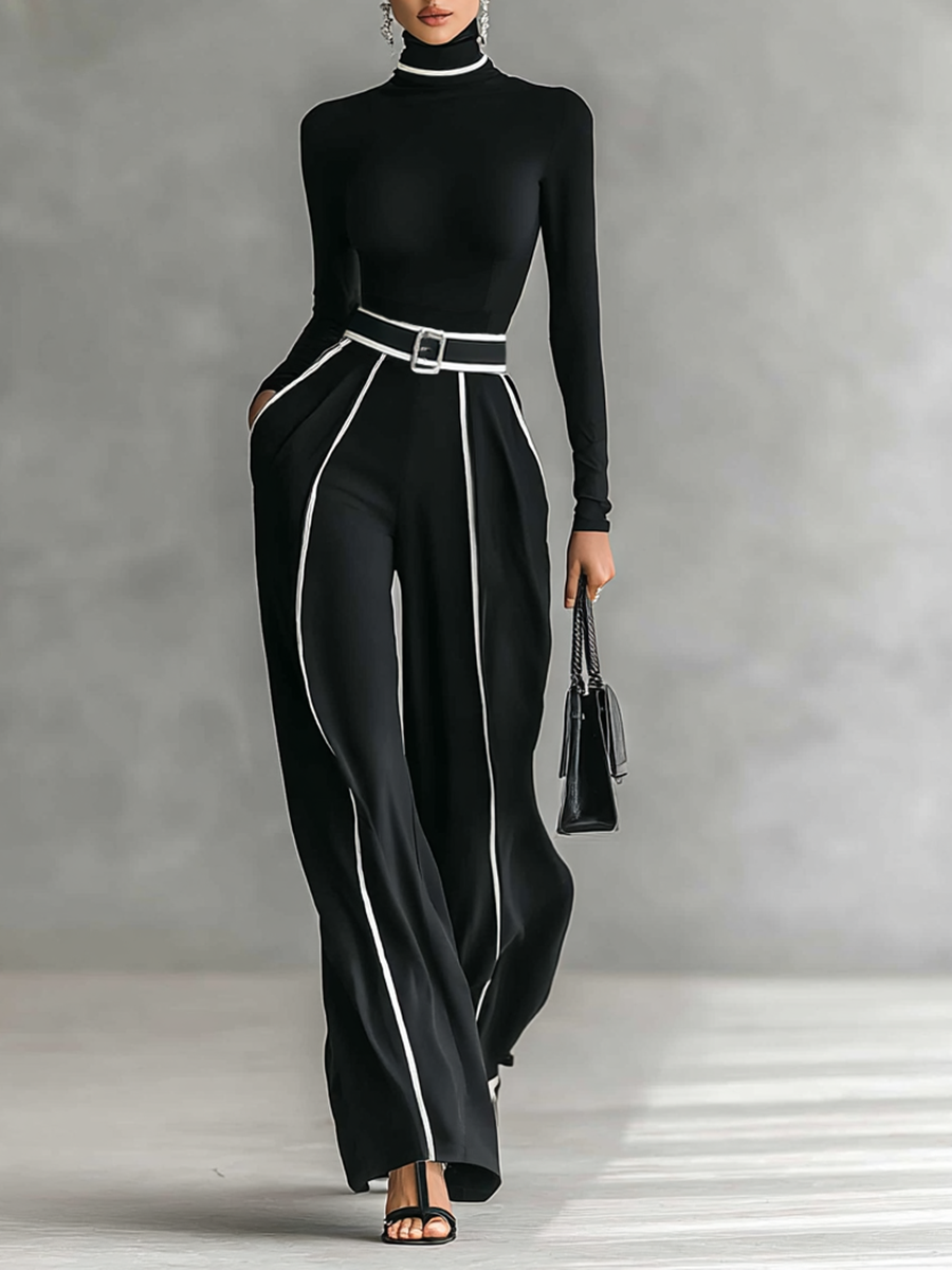 Two-Piece Set for Women with High Neck, Long Sleeves, Wide Pants, and Belt