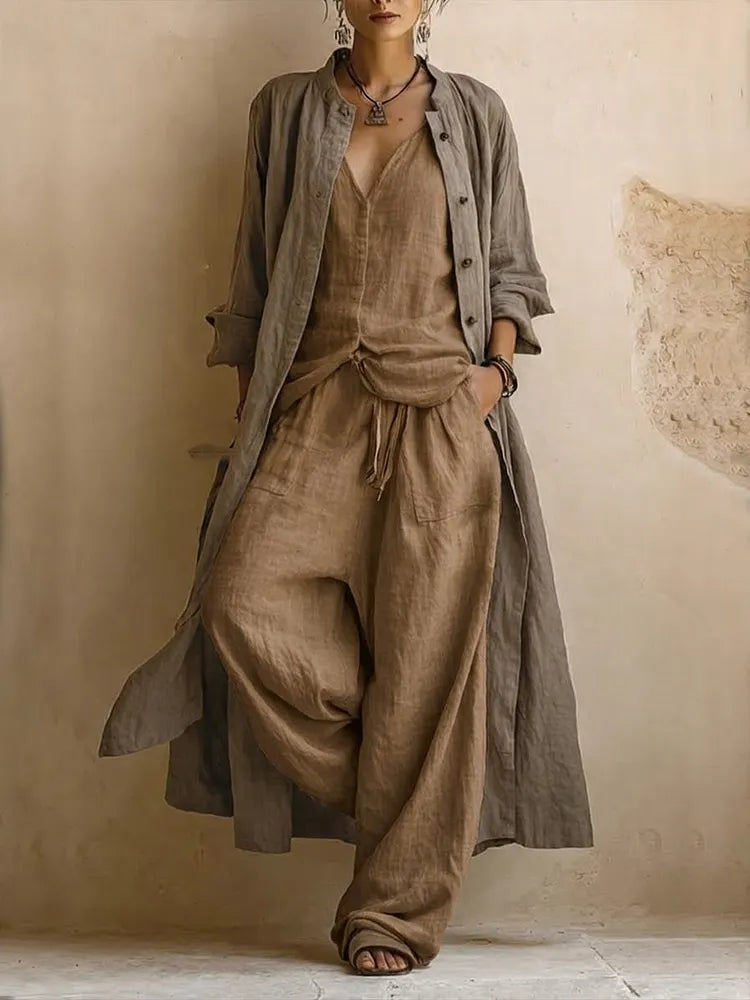 Three-Piece Set: Long Cardigan Made of Linen and Cotton with Sleeveless Top and Pants