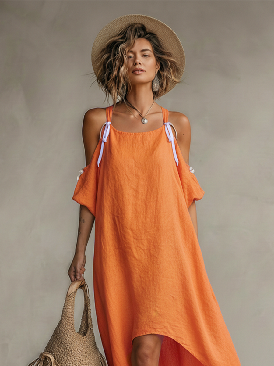 Tamar Linen Dresses with Cold Shoulder and High-Low Skirt, Timeless Boho-Resort Dress MDZ0337C4I