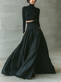 Fashionable and Elegant Women's Black T-Shirt with High Collar, Long Sleeves, Cropped, Paired with a Long Black Skirt MDA2692K3AN