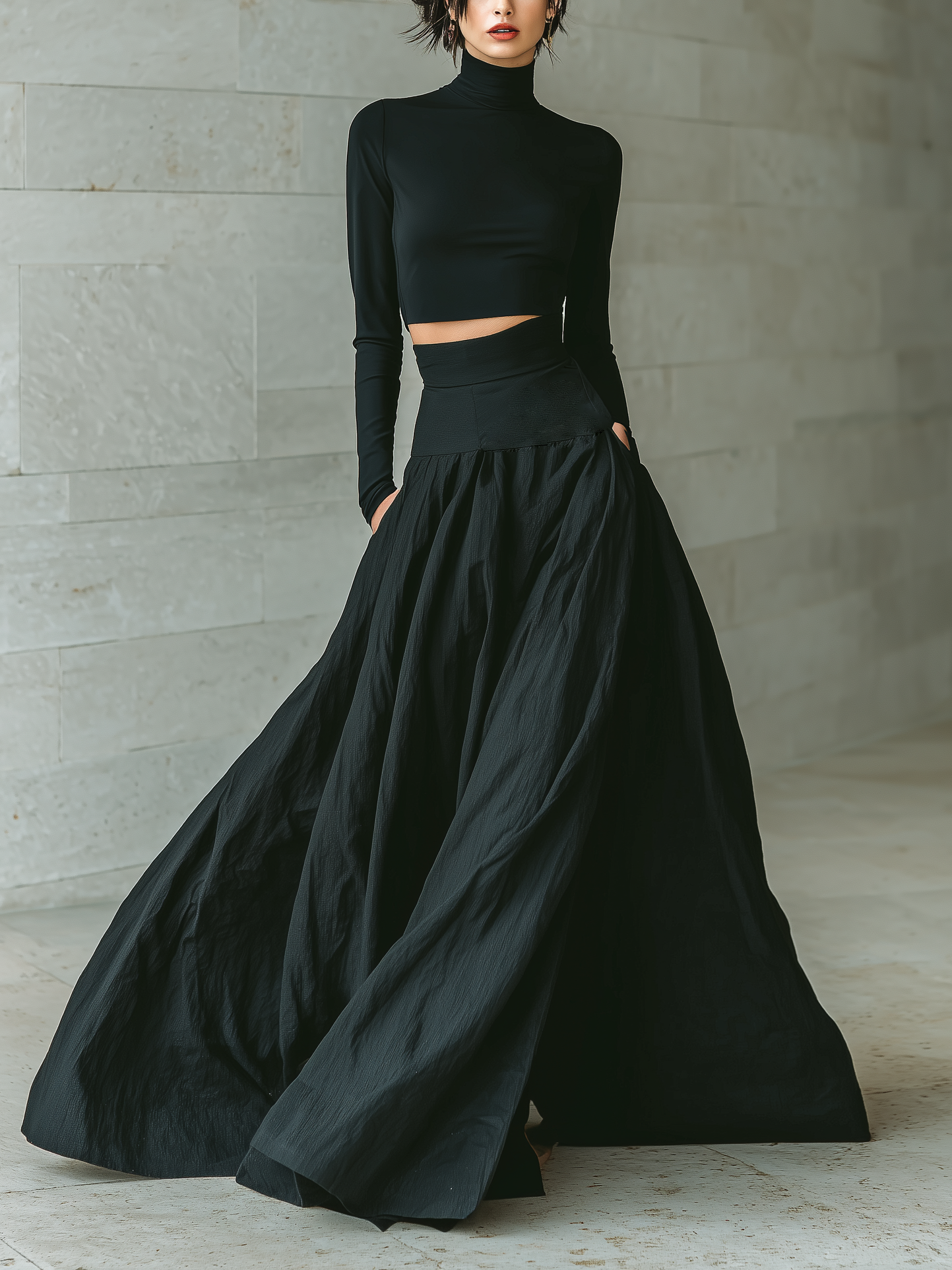 Fashionable and Elegant Women's Black T-Shirt with High Collar, Long Sleeves, Cropped, Paired with a Long Black Skirt MDA2692K3AN