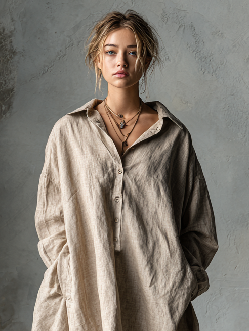Loose Cotton and Linen Mini Dress for Women with Buttons and Collar MDA1854H2Y